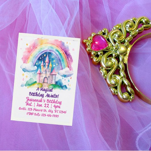 Magical Rainbow Watercolor Fantasy Castle Birthday Kaart