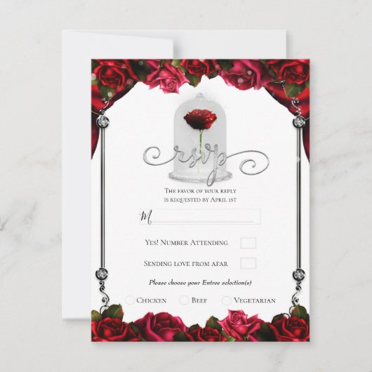 Magical Red Rose White Gold Silver Party RSVP Kaart (Voorkant)