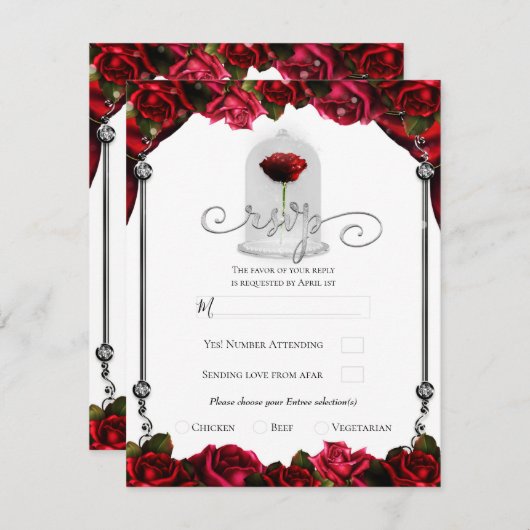 Magical Red Rose White Gold Silver Party RSVP Kaart (Voorkant / Achterkant)