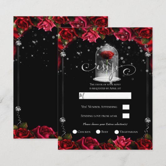 Magical Red Rose White Silver Black RSVP Kaart (Voorkant / Achterkant)
