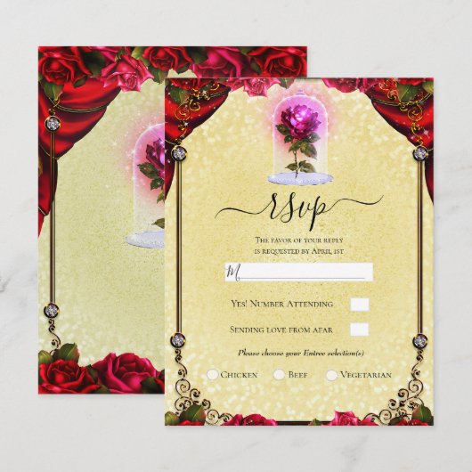 Magical Red Rose Yellow Gold Sparkle Party RSVP Kaart (Voorkant / Achterkant)