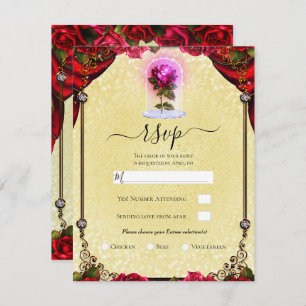 Magical Red Rose Yellow Gold Sparkle Party RSVP Kaart