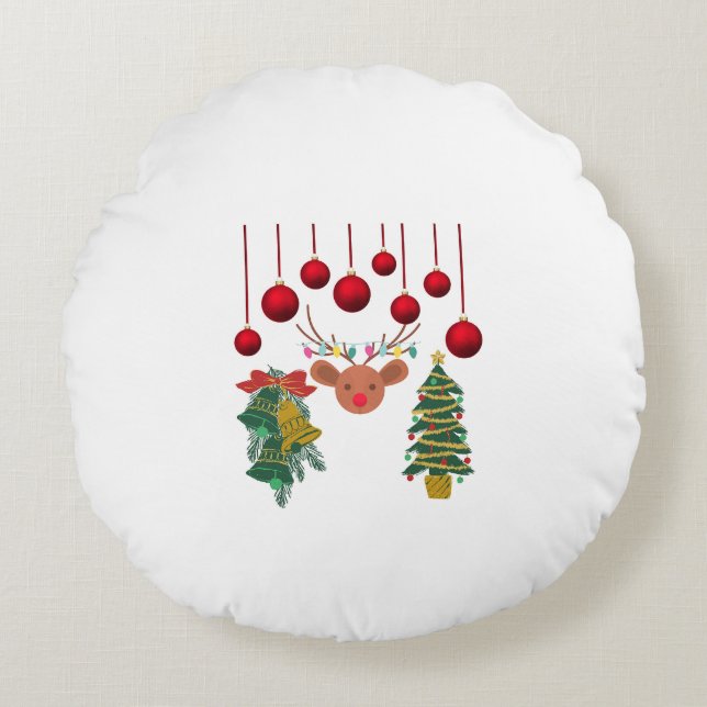 Magical Reindeer Bells and Christmas Tree Design  Rond Kussen (Voorkant)
