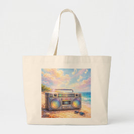 Magical Retro Boombox Playing Music On Beach Grote Tote Bag