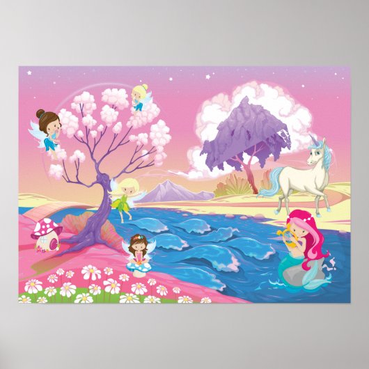 Magical Riverbank met Fairies Unicorn en Mermaid Poster (Voorkant)