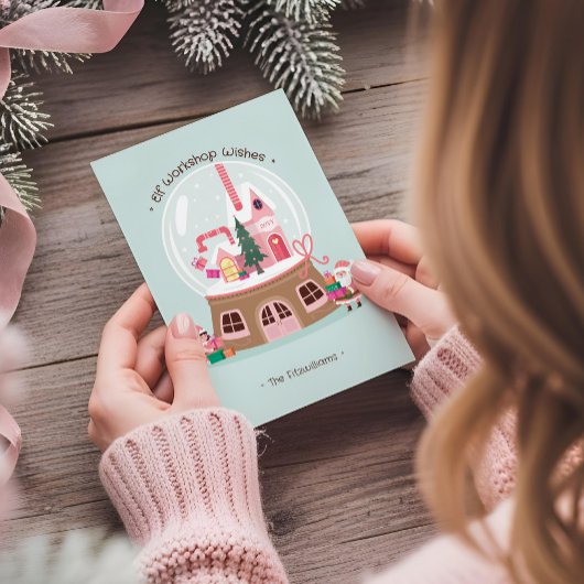 Magical Snow Globe Santa's Elves Pink Workshop Feestdagenkaart