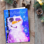 Magical Snowman Snowflake Merry Kerstfeestdag Kaart<br><div class="desc">Magical Snowman and Snowflakes Merry kerstvakanay Kaart - Festive kerstkaart met sneeuwman en witte sneeuwvlokken op een abstracte blauwe achtergrond. De wenselijke Kerst is in wit schrift.</div>