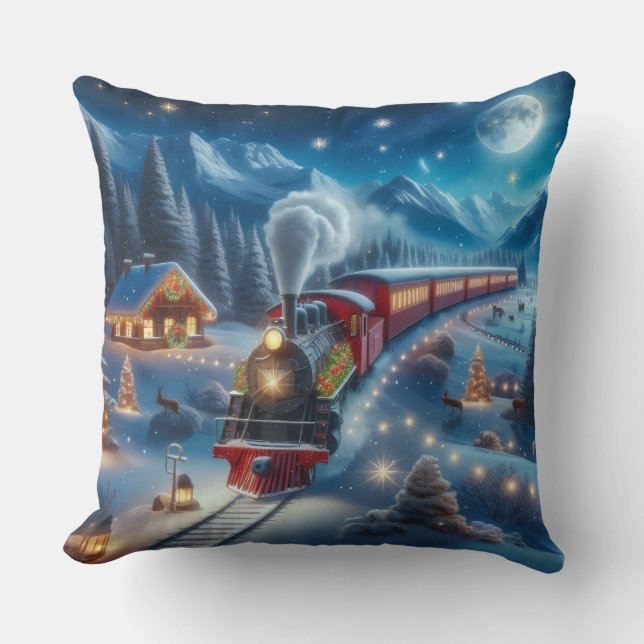 Magical Snowy Christmas Train Winter Scene Kussen (Voorkant)