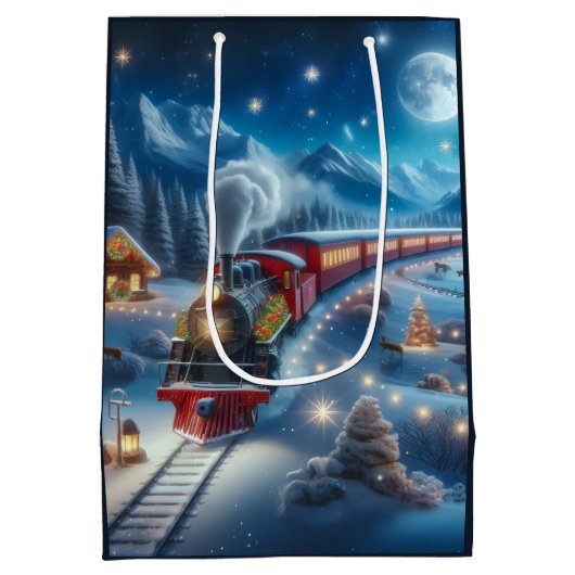 Magical Snowy Christmas Train Winter Scene Medium Cadeauzakje (Achterkant)