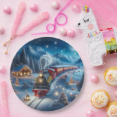 Magical Snowy Christmas Train Winter Scene Papieren Bordje (Feest)