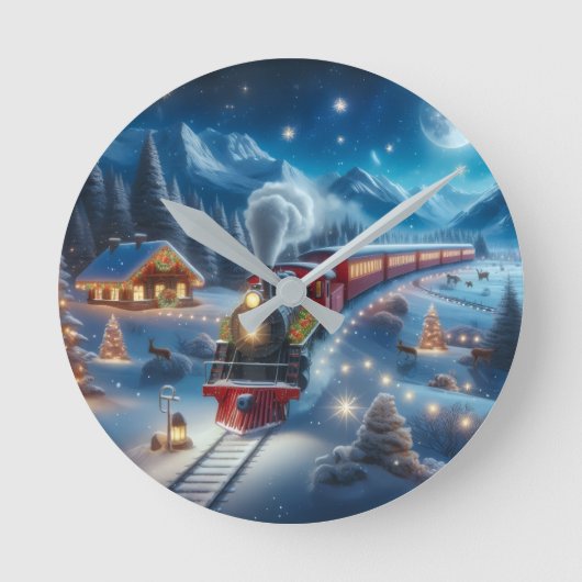 Magical Snowy Christmas Train Winter Scene Ronde Klok (Voorkant)