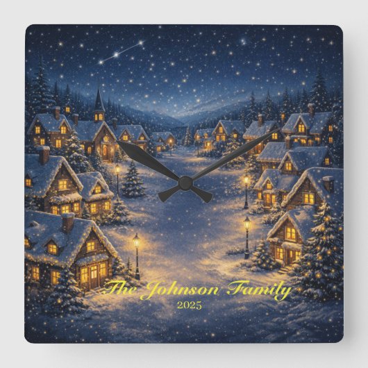 Magical Snowy Christmas village at night Vierkante Klok (Voorkant)