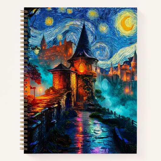 Magical Starry Night Castle Fantasy Writer Notitieboek (Voorkant)