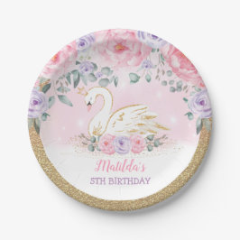 Magical Swan Princess Pink Paars Floral Birthday Papieren Bordje