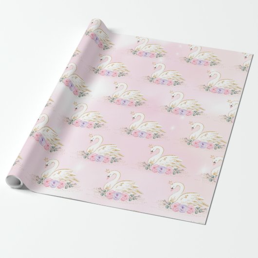 Magical Swan Princess | Roze en paarse bloemen Cadeaupapier (Uitgerold)