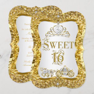 Magical Tiara Princess Sweet 16 Gold White Invite Kaart