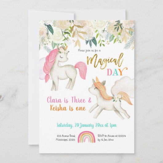 Magical Twins Unicorn Birthday Invitation Kaart (Voorkant)