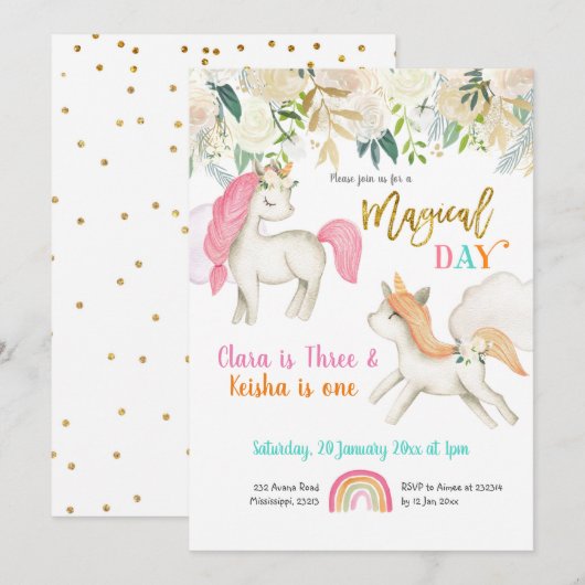 Magical Twins Unicorn Birthday Invitation Kaart (Voorkant / Achterkant)