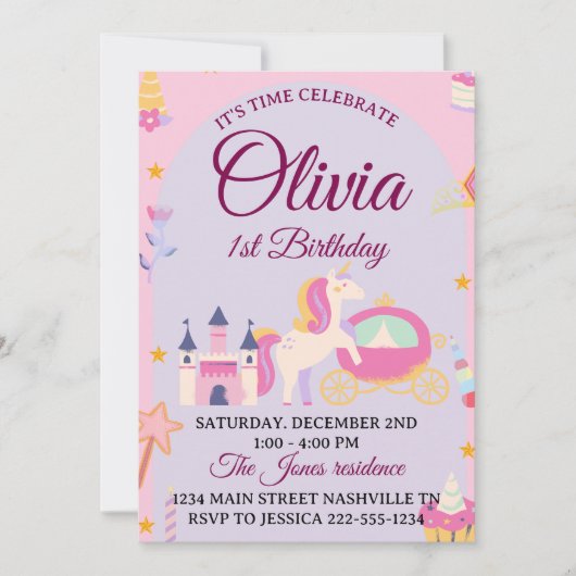 Magical Unicorn 1st Birthday Invitation for Girls Kaart (Voorkant)