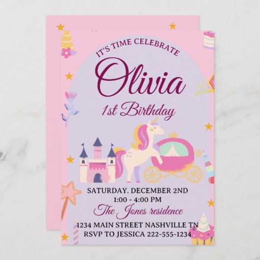 Magical Unicorn 1st Birthday Invitation for Girls Kaart (Voorkant / Achterkant)