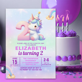 Magical Unicorn 2nd Birthday Invitation for Girls Kaart