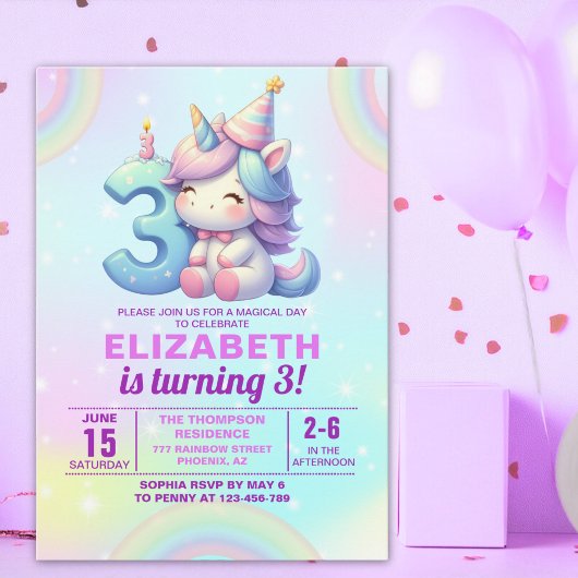 Magical Unicorn 3rd Birthday Invitation – Rainbow  Kaart