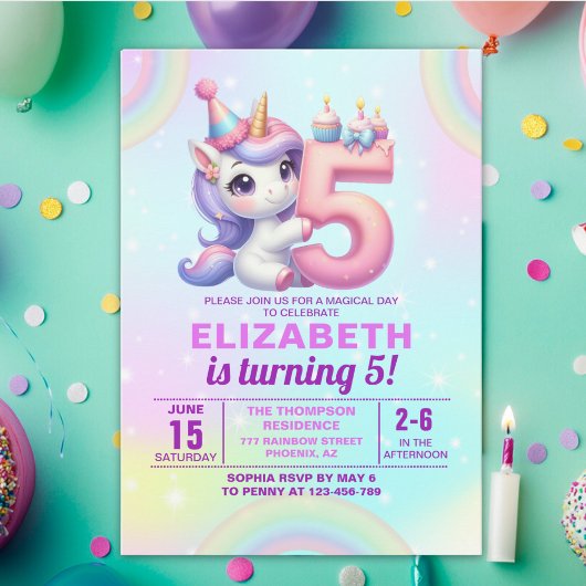 Magical Unicorn 5th Birthday – Rainbow theme Kaart
