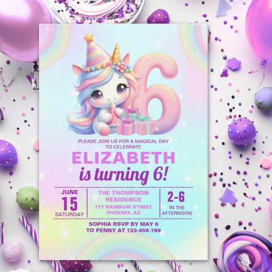 Magical Unicorn 6th Birthday – Rainbow Kaart