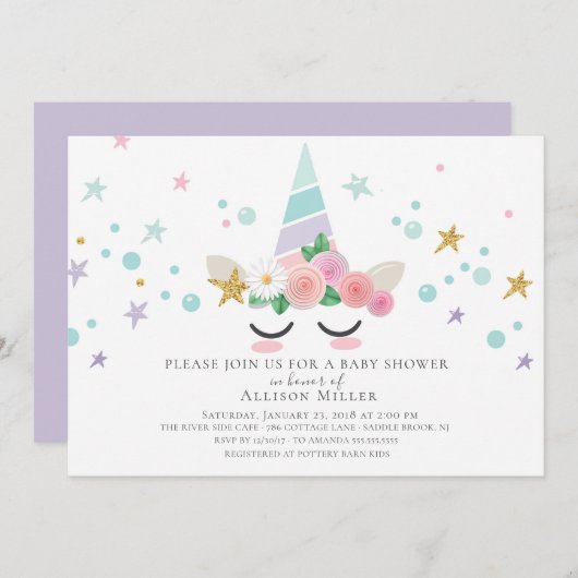 Magical Unicorn Baby shower Invitation Kaart (Voorkant / Achterkant)