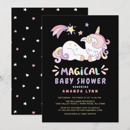 Magical Unicorn Baby shower Invitation Kaart (Voorkant / Achterkant)