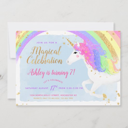 Magical Unicorn Birthday Invitation | Goudregenboo Kaart (Voorkant)