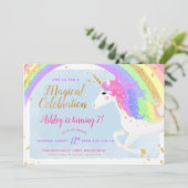 Magical Unicorn Birthday Invitation | Goudregenboo Kaart (Staand voorkant)