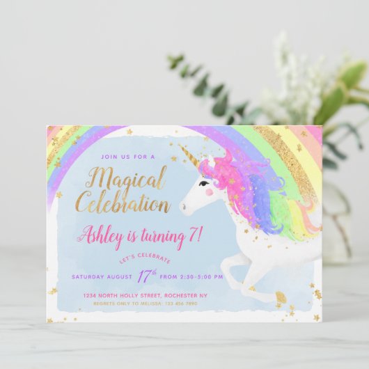 Magical Unicorn Birthday Invitation | Goudregenboo Kaart (Staand voorkant)
