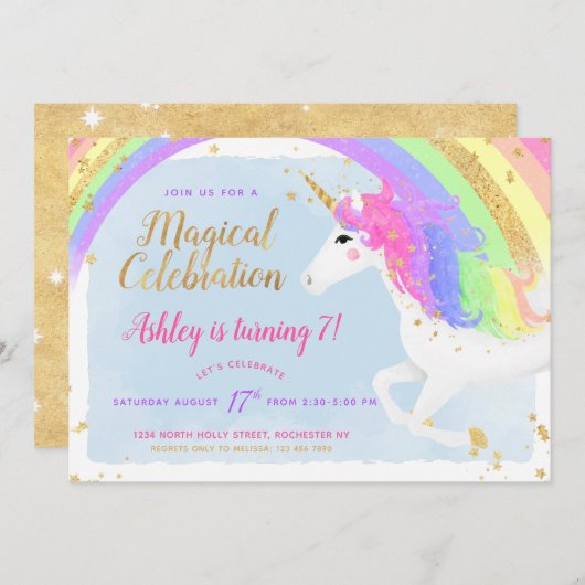 Magical Unicorn Birthday Invitation | Goudregenboo Kaart (Voorkant / Achterkant)