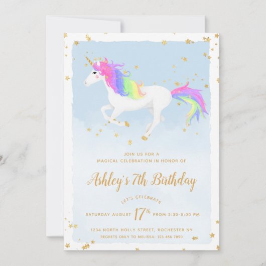 Magical Unicorn Birthday Invitation | Goudregenboo Kaart (Voorkant)