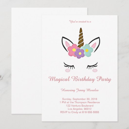 Magical Unicorn Birthday Invitation Kaart (Voorkant / Achterkant)