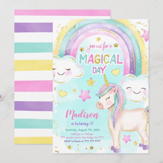 Magical Unicorn Birthday Invitation Kaart (Voorkant / Achterkant)
