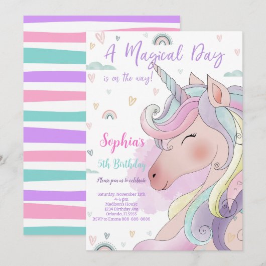 Magical Unicorn Birthday Invitation Kaart (Voorkant / Achterkant)