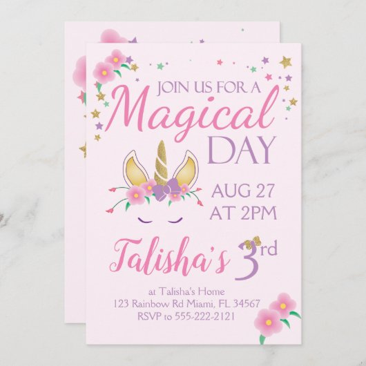 Magical Unicorn Birthday Invitation Kaart (Voorkant / Achterkant)