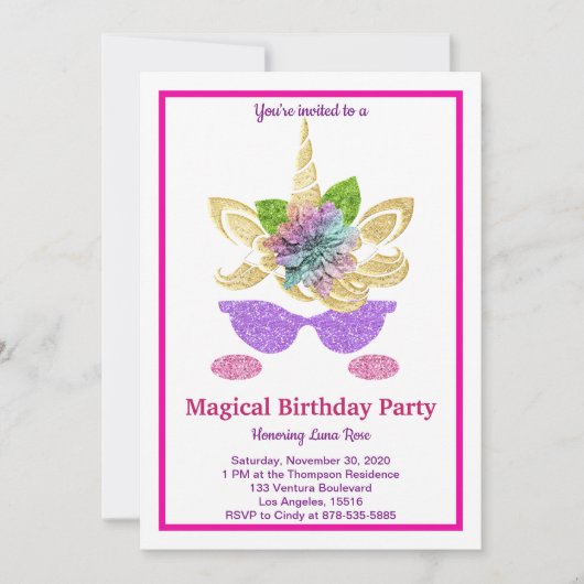 Magical Unicorn Birthday Invitation Kaart (Voorkant)