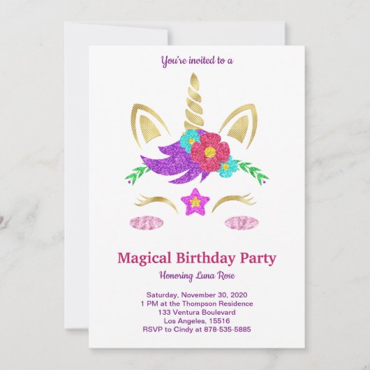 Magical Unicorn Birthday Invitation Kaart (Voorkant)