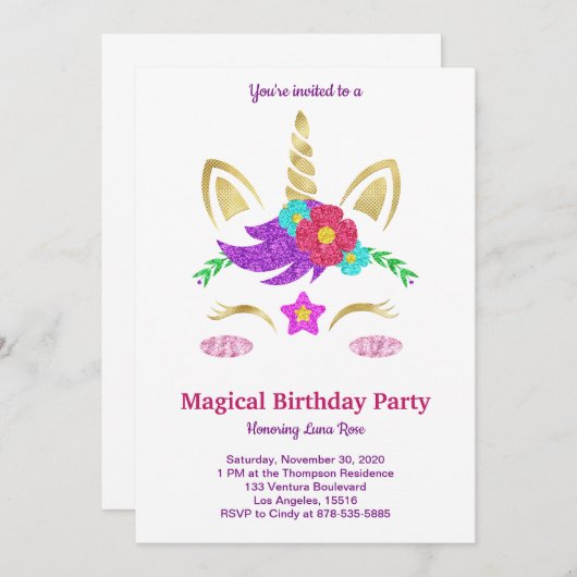 Magical Unicorn Birthday Invitation Kaart (Voorkant / Achterkant)