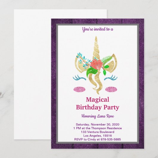 Magical Unicorn Birthday Invitation Kaart (Voorkant / Achterkant)