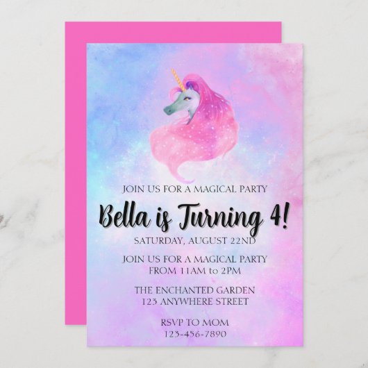 Magical Unicorn Birthday Invitation Kaart (Voorkant / Achterkant)