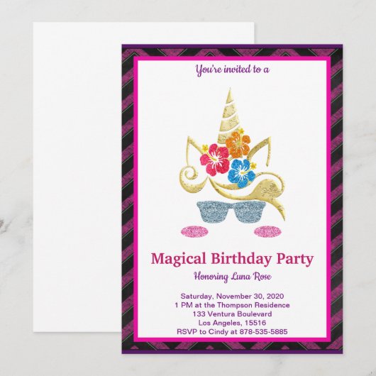 Magical Unicorn Birthday Invitation Kaart (Voorkant / Achterkant)