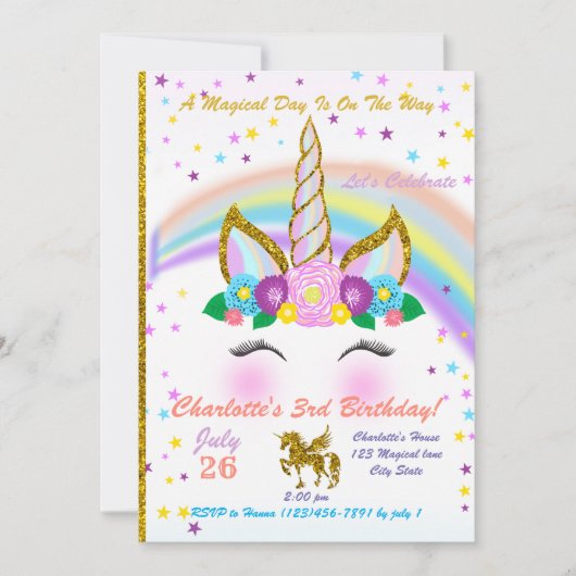Magical Unicorn Birthday Invitation Kaart (Voorkant)