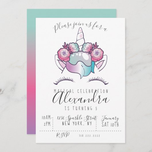 Magical Unicorn Birthday Invitation Kaart (Voorkant / Achterkant)
