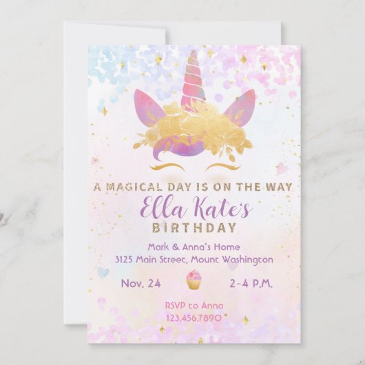 Magical Unicorn Birthday Invitation Pastel Kaart (Voorkant)