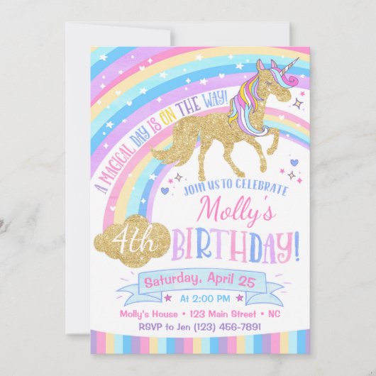 Magical Unicorn Birthday Invitation Rainbow Invite Kaart (Voorkant)