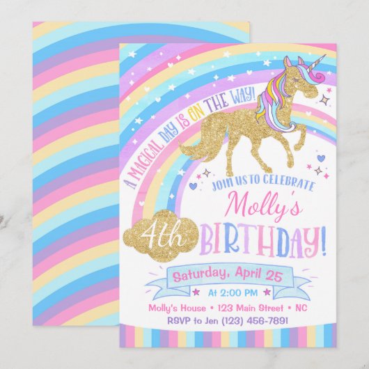 Magical Unicorn Birthday Invitation Rainbow Invite Kaart (Voorkant / Achterkant)